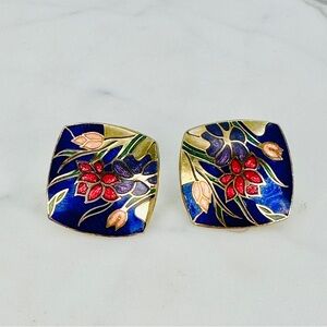 Vintage Cloisonné Enamel Pierced Earrings Floral Royal Blue Red Diamond 70s 80s